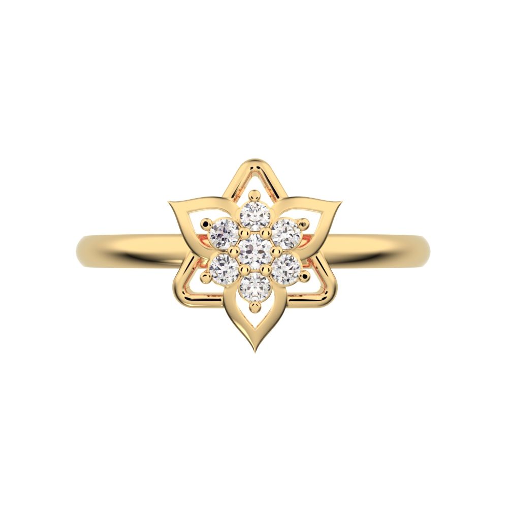 0.075 ct Round Cut Moissanite dainty Minimalist star floral cluster halo petal snow flake 14K / 18K Solid Yellow Gold everyday ring