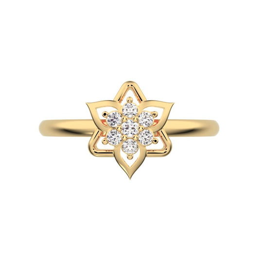 0.075 ct Round Cut Moissanite dainty Minimalist star floral cluster halo petal snow flake 14K / 18K Solid Yellow Gold everyday ring