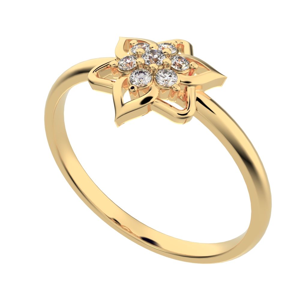 0.075 ct Round Cut Moissanite dainty Minimalist star floral cluster halo petal snow flake 14K / 18K Solid Yellow Gold everyday ring