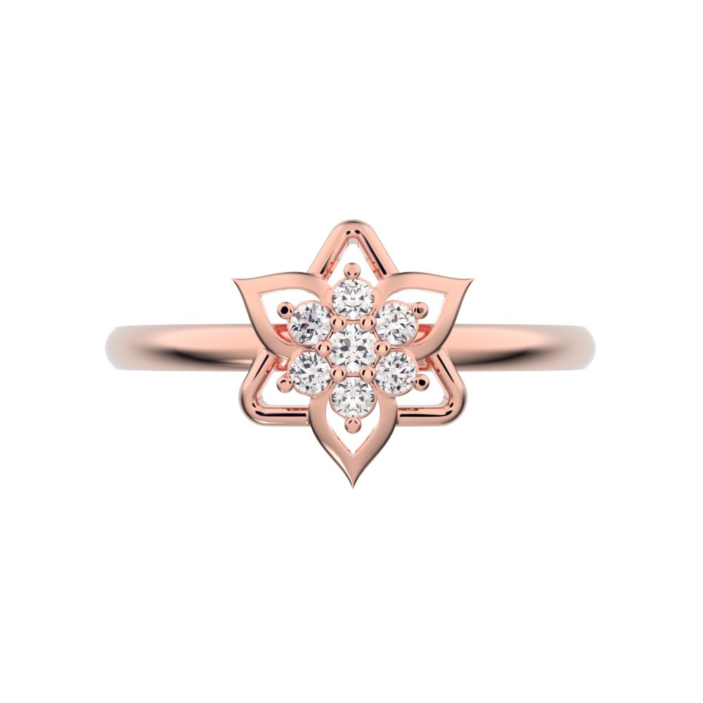 0.075 ct Round Cut Simulated Clear Diamond dainty Minimalist star floral halo petal snow flake 14K / 18K Solid Rose Gold everyday ring