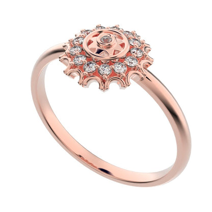 0.1025 ct Round Cut Simulated Clear Diamond Minimalist star floral halo solitaire with accent 14K / 18K Solid Rose Gold everyday ring
