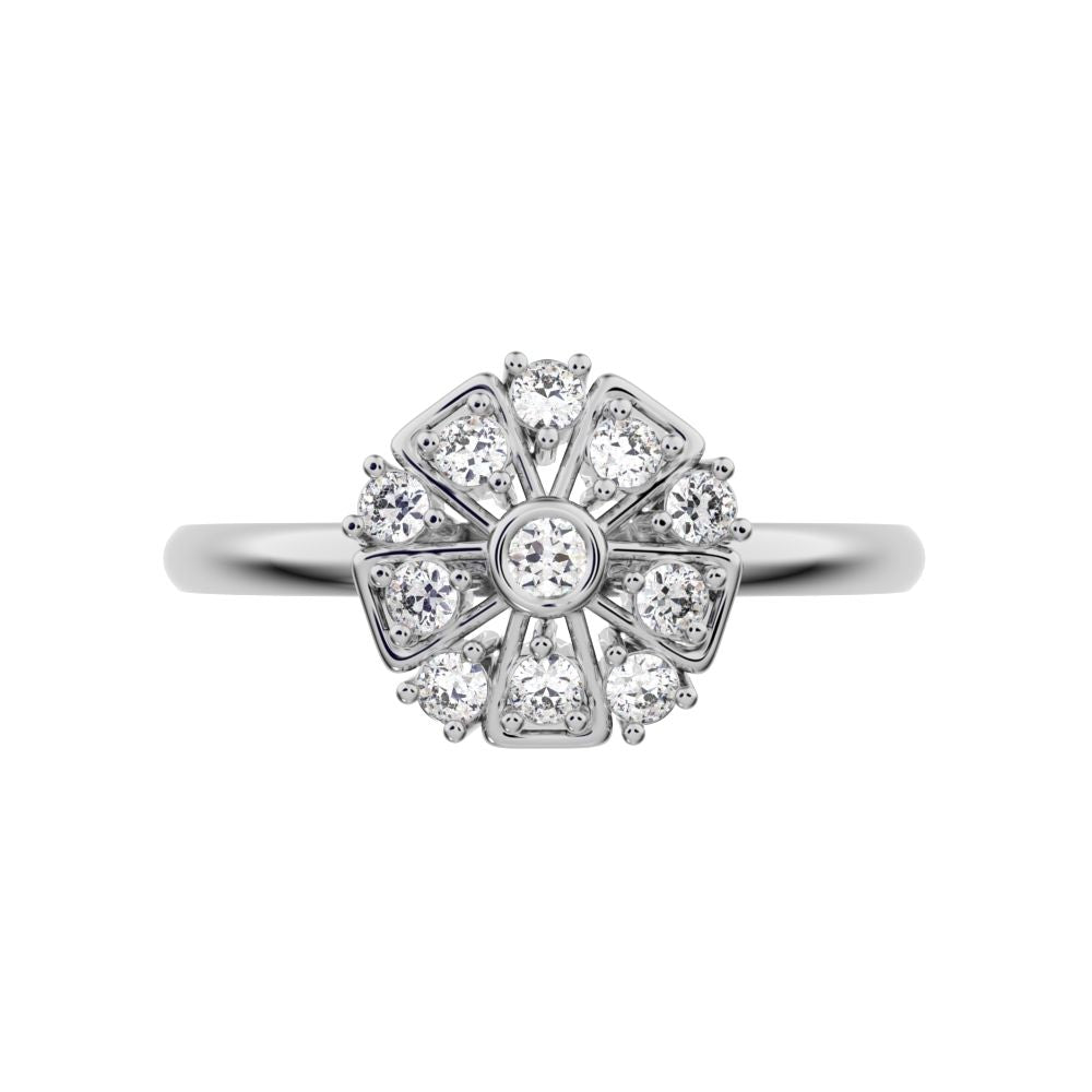 0.165 ct Round Cut Moissanite dainty Minimalist star cluster halo Art Deco petal 14K / 18K Solid White Gold everyday ring