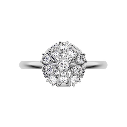 0.165 ct Round Cut Moissanite dainty Minimalist star cluster halo Art Deco petal 14K / 18K Solid White Gold everyday ring