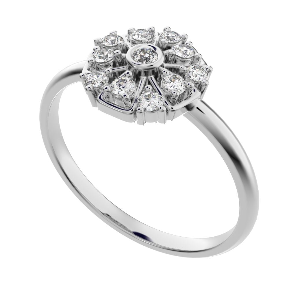 0.165 ct Round Cut Moissanite dainty Minimalist star cluster halo Art Deco petal 14K / 18K Solid White Gold everyday ring