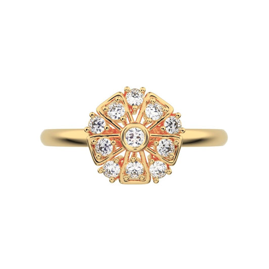 0.165 ct Round Cut Simulated Clear Diamond dainty Minimalist star cluster halo Art Deco petal 14K / 18K Solid Yellow Gold everyday ring