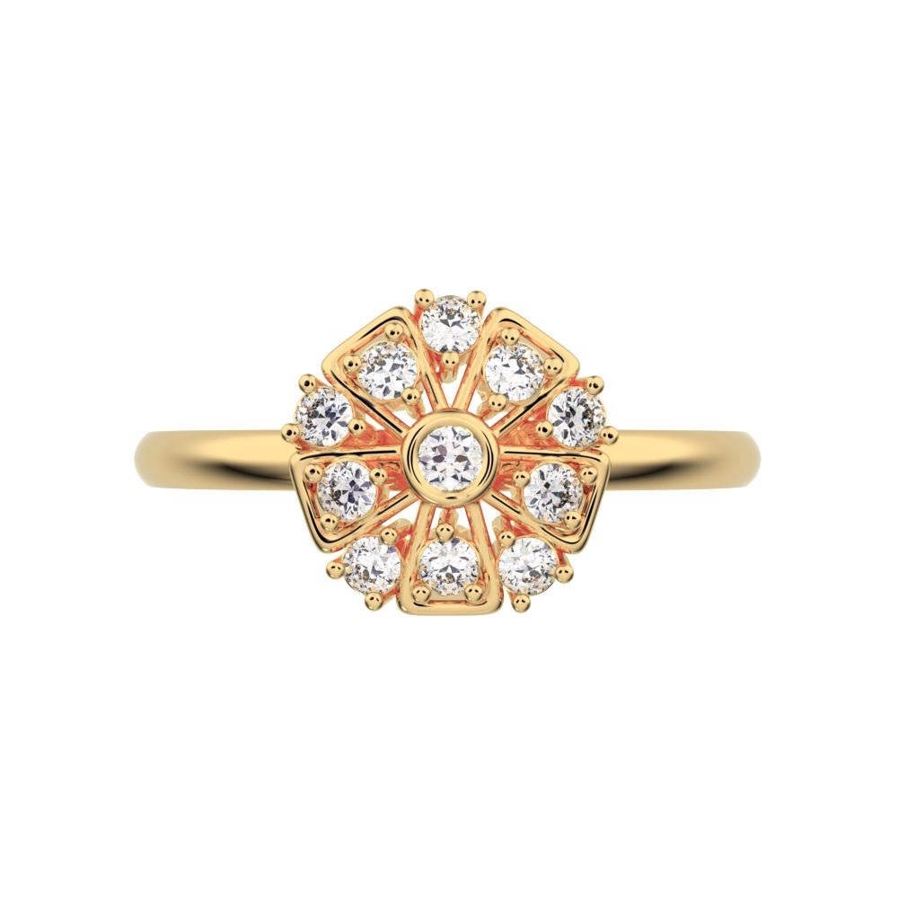 0.165 ct Round Cut Moissanite dainty Minimalist star cluster halo Art Deco petal 14K / 18K Solid Yellow Gold everyday ring