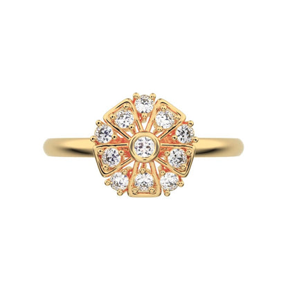 0.165 ct Round Cut Moissanite dainty Minimalist star cluster halo Art Deco petal 14K / 18K Solid Yellow Gold everyday ring