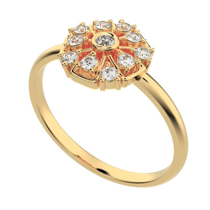 0.165 ct Round Cut Moissanite dainty Minimalist star cluster halo Art Deco petal 14K / 18K Solid Yellow Gold everyday ring