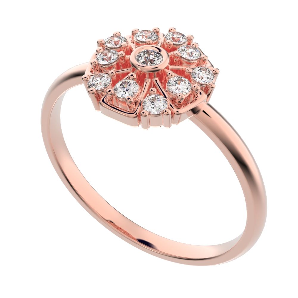 0.165 ct Round Cut Simulated Clear Diamond dainty Minimalist star cluster halo Art Deco petal 14K / 18K Solid Rose Gold everyday ring