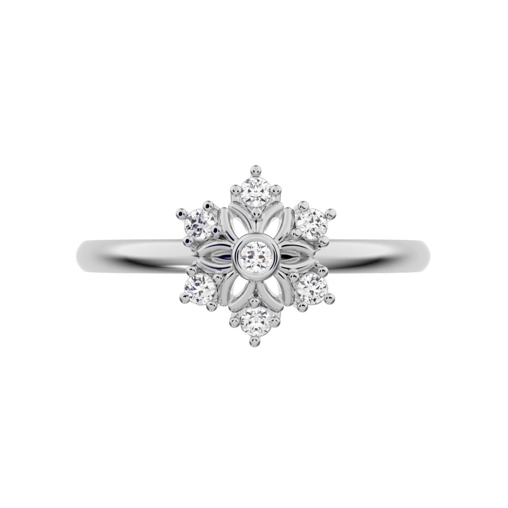 0.07 ct Round Cut Moissanite dainty Minimalist star cluster halo floral Art Deco bezel 14K / 18K Solid White Gold everyday ring