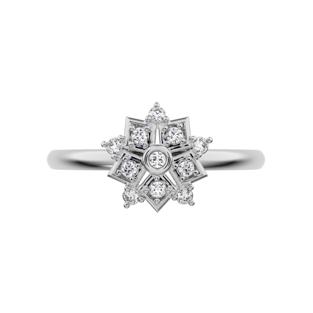 0.085 ct Round Cut Simulated Clear Diamond dainty Minimalist star cluster halo floral snow flake 14K / 18K Solid White Gold everyday ring
