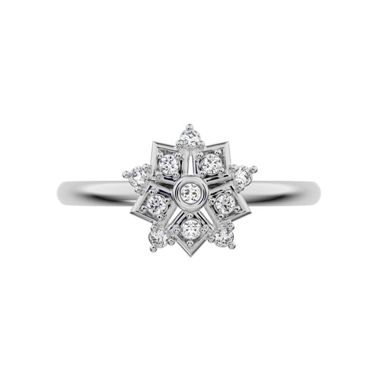 0.085 ct Round Cut Simulated Clear Diamond dainty Minimalist star cluster halo floral snow flake 14K / 18K Solid White Gold everyday ring