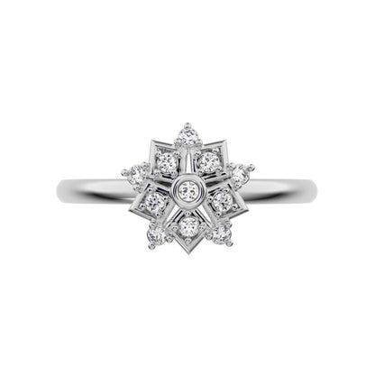 0.085 ct Round Cut Moissanite dainty Minimalist star cluster halo floral snow flake 14K / 18K Solid White Gold everyday ring