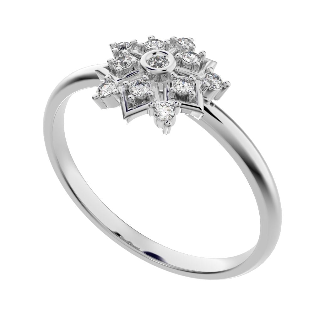 0.085 ct Round Cut Moissanite dainty Minimalist star cluster halo floral snow flake 14K / 18K Solid White Gold everyday ring