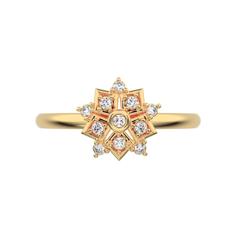 0.085 ct Round Cut Simulated Clear Diamond dainty Minimalist star cluster halo floral snow flake 14K / 18K Solid Yellow Gold everyday ring