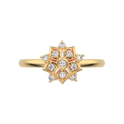 0.085 ct Round Cut Simulated Clear Diamond dainty Minimalist star cluster halo floral snow flake 14K / 18K Solid Yellow Gold everyday ring