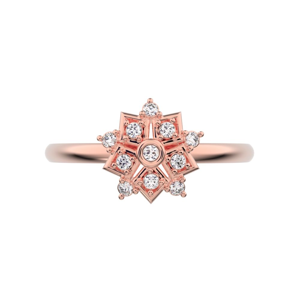0.085 ct Round Cut Simulated Clear Diamond dainty Minimalist star cluster halo floral snow flake 14K / 18K Solid Rose Gold everyday ring