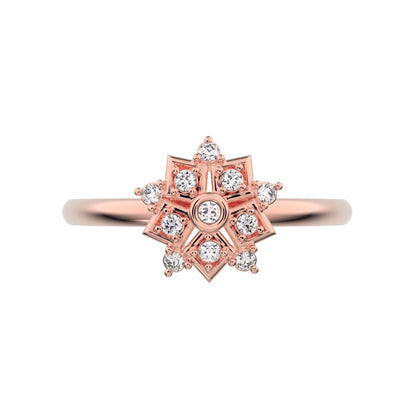 0.085 ct Round Cut Simulated Clear Diamond dainty Minimalist star cluster halo floral snow flake 14K / 18K Solid Rose Gold everyday ring