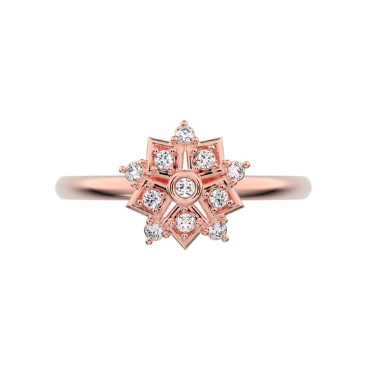 0.085 ct Round Cut Simulated Clear Diamond dainty Minimalist star cluster halo floral snow flake 14K / 18K Solid Rose Gold everyday ring