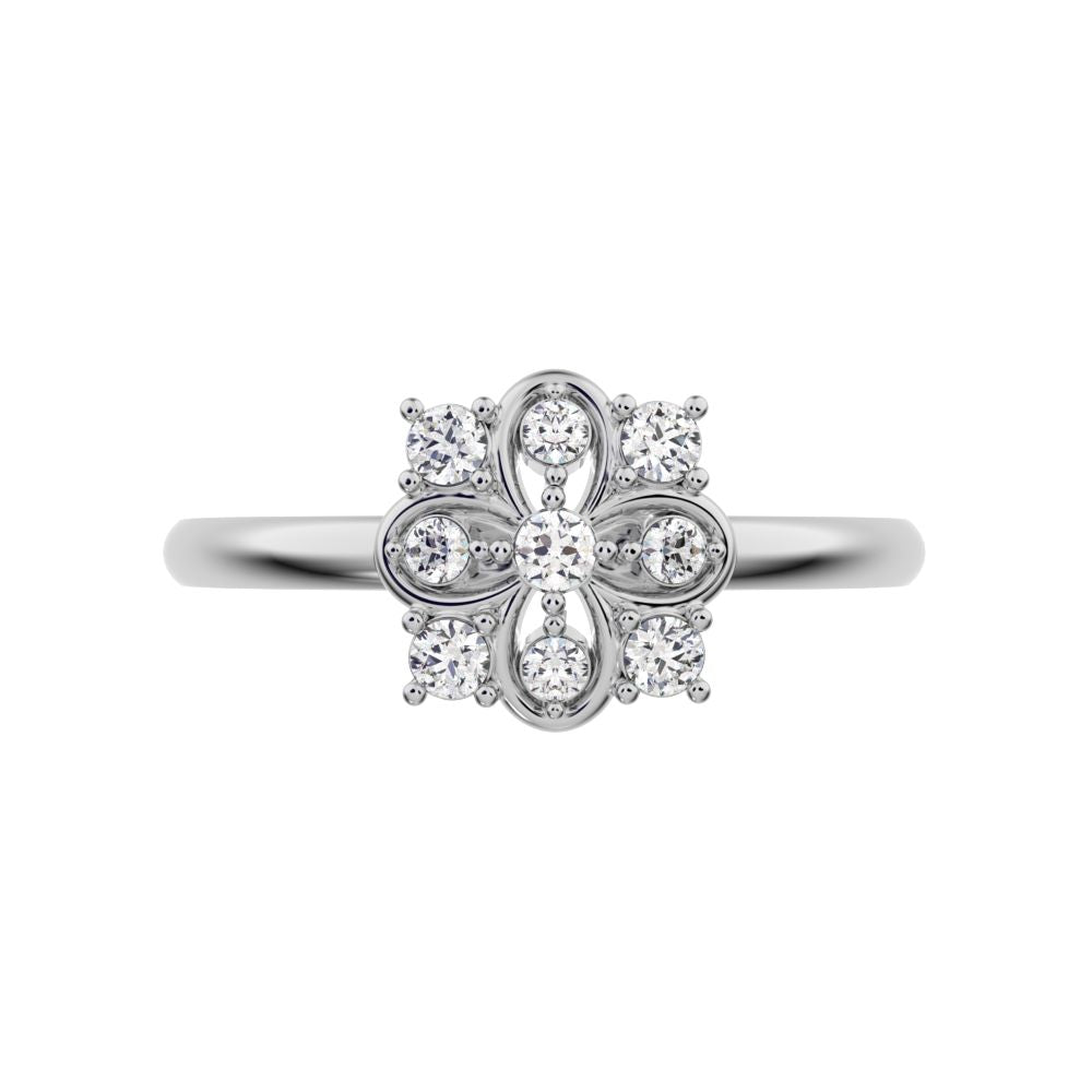 0.115 ct Round Cut Moissanite dainty Minimalist star cluster halo floral square infinity 14K / 18K Solid White Gold everyday ring