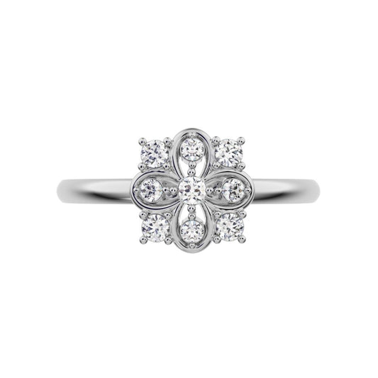 0.115 ct Round Cut Moissanite dainty Minimalist star cluster halo floral square infinity 14K / 18K Solid White Gold everyday ring