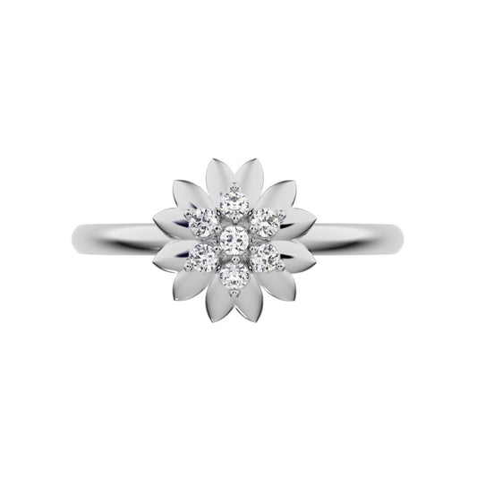 0.07 ct Round Cut Moissanite dainty Minimalist bezel cluster halo floral heart 14K / 18K Solid White Gold everyday ring