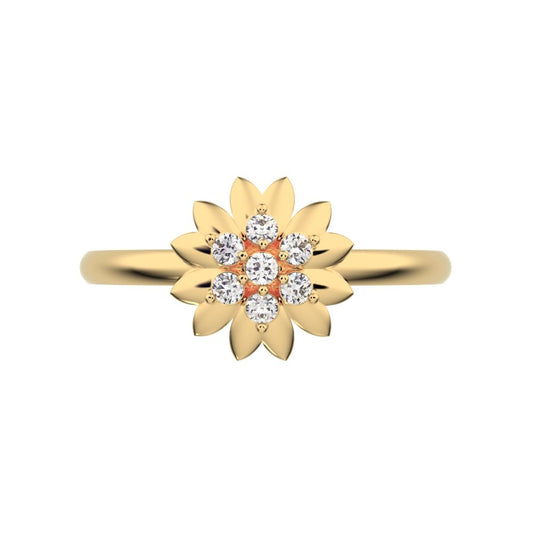 0.07 ct Round Cut Moissanite dainty Minimalist bezel cluster halo floral heart 14K / 18K Solid Yellow Gold everyday ring