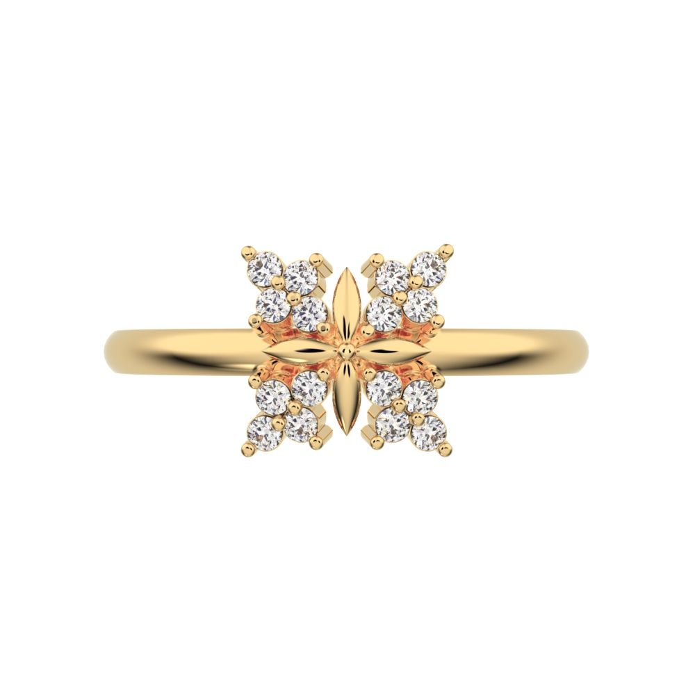 0.12 ct Round Cut Moissanite dainty Minimalist star cluster halo floral snow flake 14K / 18K Solid Yellow Gold everyday ring