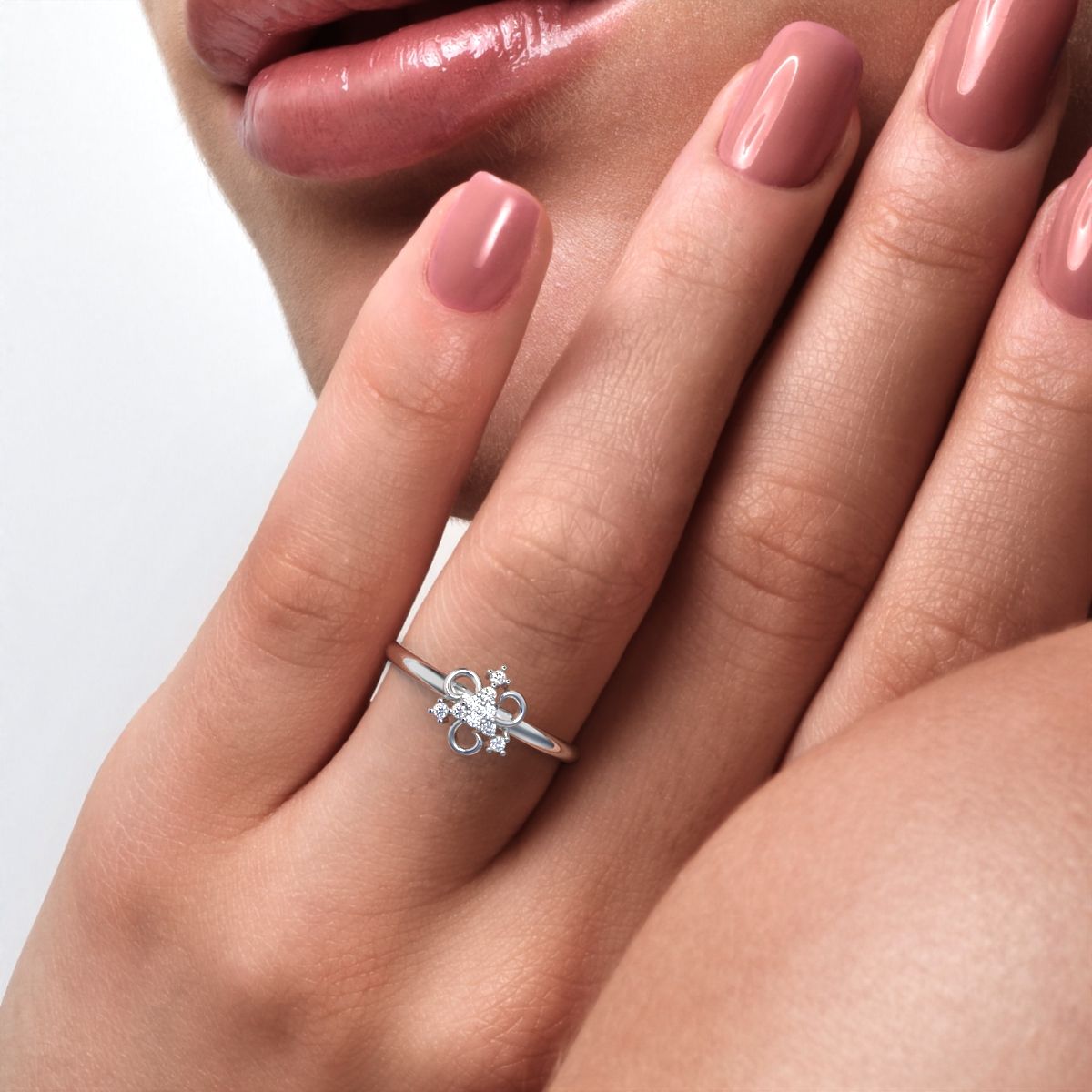 0.0675 ct Round Cut Simulated Clear Diamond dainty Minimalist star cluster halo pyramid petal 14K / 18K Solid White Gold everyday ring
