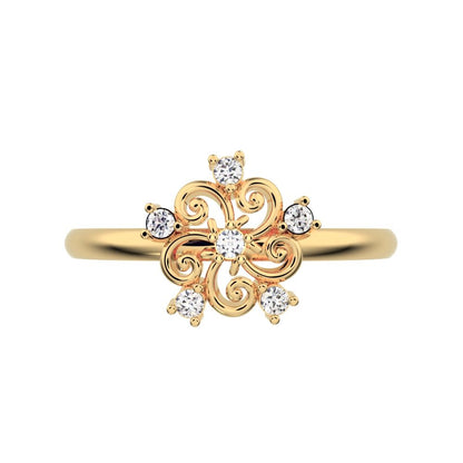 0.06 ct Round Cut Moissanite dainty Minimalist star cluster halo floral petal 14K / 18K Solid Yellow Gold everyday ring