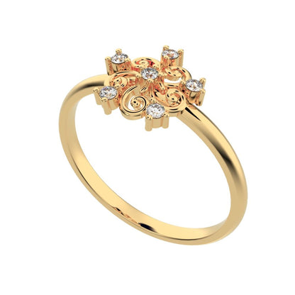 0.06 ct Round Cut Moissanite dainty Minimalist star cluster halo floral petal 14K / 18K Solid Yellow Gold everyday ring