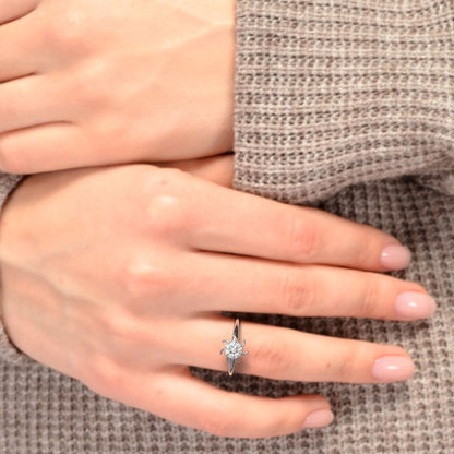 0.08 ct Round Cut Moissanite dainty Minimalist star cluster halo floral light 14K / 18K Solid White Gold everyday ring