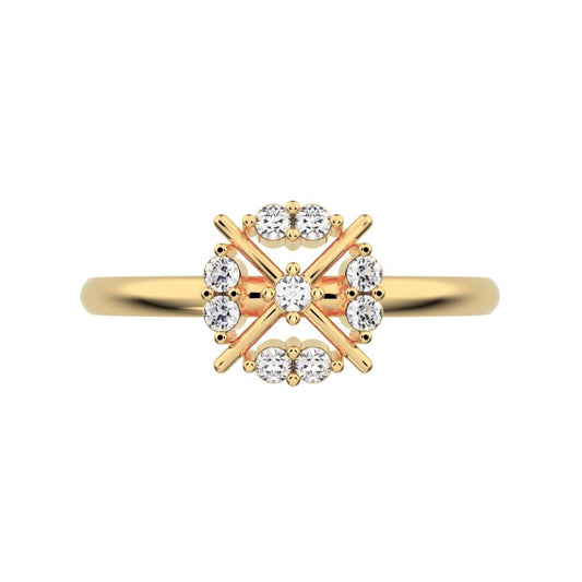 0.09 ct Round Cut Moissanite dainty Minimalist star cluster halo criss cross circle light 14K / 18K Solid Yellow Gold everyday ring