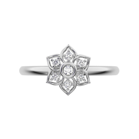 0.06 ct Round Cut Moissanite dainty Minimalist star cluster halo floral bezel light 14K / 18K Solid White Gold everyday ring