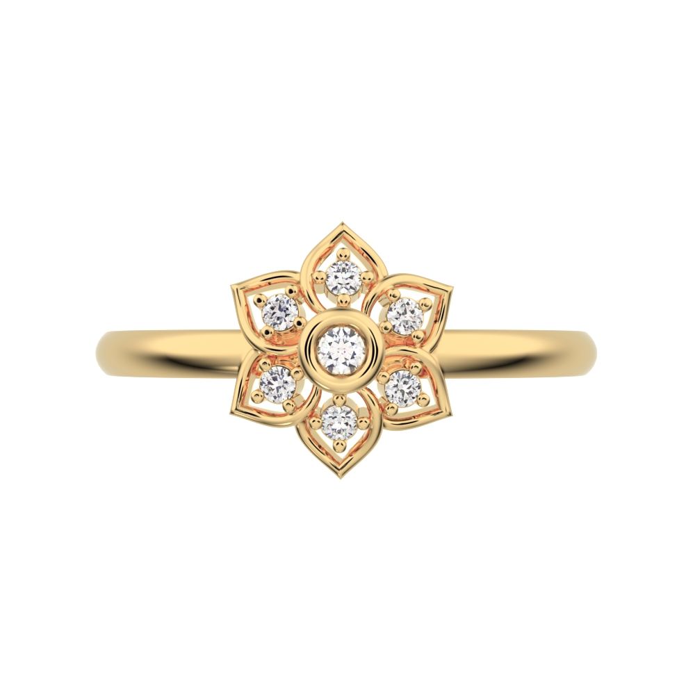 0.06 ct Round Cut Moissanite dainty Minimalist star cluster halo floral bezel light 14K / 18K Solid Yellow Gold everyday ring