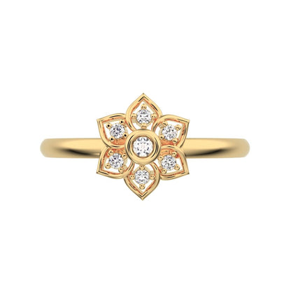 0.06 ct Round Cut Moissanite dainty Minimalist star cluster halo floral bezel light 14K / 18K Solid Yellow Gold everyday ring