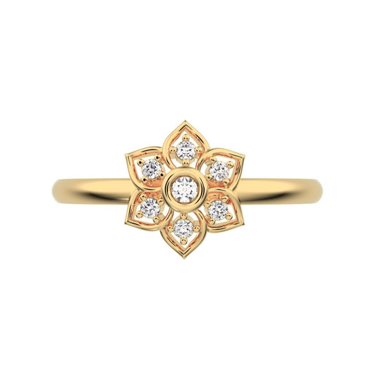 0.06 ct Round Cut Moissanite dainty Minimalist star cluster halo floral bezel light 14K / 18K Solid Yellow Gold everyday ring
