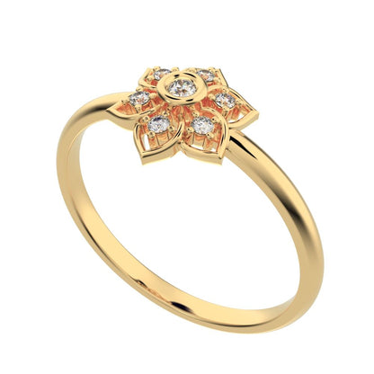 0.06 ct Round Cut Moissanite dainty Minimalist star cluster halo floral bezel light 14K / 18K Solid Yellow Gold everyday ring