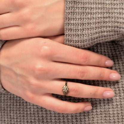 0.06 ct Round Cut Moissanite dainty Minimalist star cluster halo floral bezel light 14K / 18K Solid Yellow Gold everyday ring
