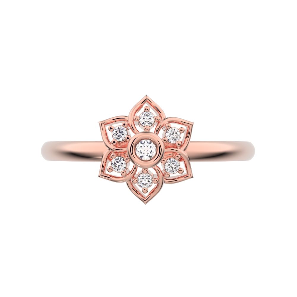 0.06 ct Round Cut Moissanite dainty Minimalist star cluster halo floral bezel light 14K / 18K Solid Rose Gold everyday ring