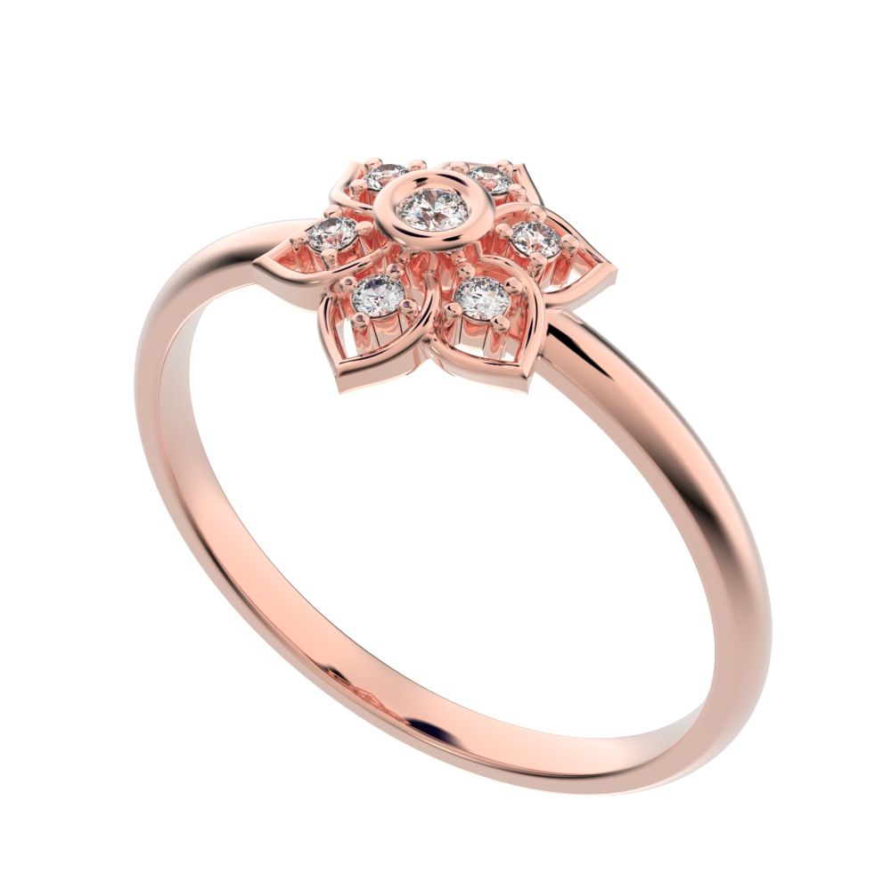 0.06 ct Round Cut Moissanite dainty Minimalist star cluster halo floral bezel light 14K / 18K Solid Rose Gold everyday ring