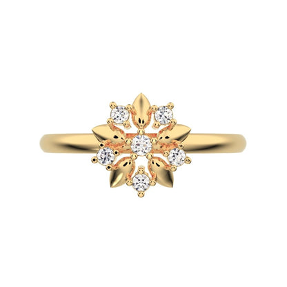 0.065 ct Round Cut Moissanite dainty Minimalist star cluster halo floral eye petal 14K / 18K Solid Yellow Gold everyday ring