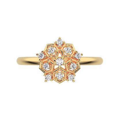 0.085 ct Round Cut Simulated Clear Diamond dainty Minimalist star cluster light halo hexagon 14K / 18K Solid Yellow Gold everyday ring