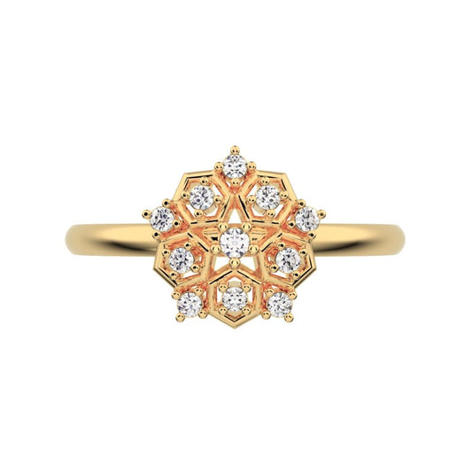 0.085 ct Round Cut Moissanite dainty Minimalist star cluster light halo hexagon 14K / 18K Solid Yellow Gold everyday ring