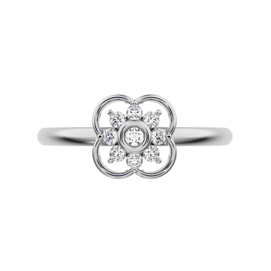 0.095 ct Round Cut Moissanite dainty Minimalist star bezel halo clover leaf halo 14K / 18K Solid White Gold everyday ring