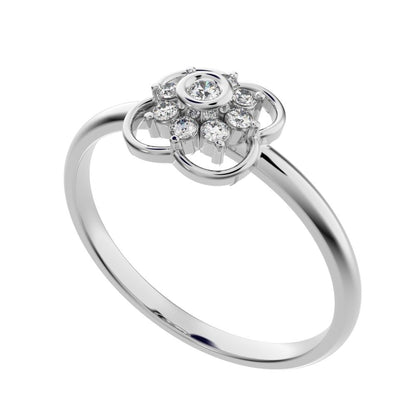 0.095 ct Round Cut Moissanite dainty Minimalist star bezel halo clover leaf halo 14K / 18K Solid White Gold everyday ring