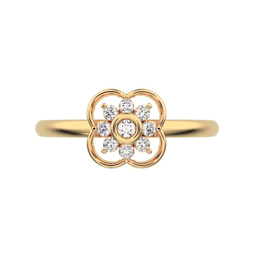 0.095 ct Round Cut Moissanite dainty Minimalist star bezel halo clover leaf halo 14K / 18K Solid Yellow Gold everyday ring