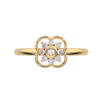 0.095 ct Round Cut Moissanite dainty Minimalist star bezel halo clover leaf halo 14K / 18K Solid Yellow Gold everyday ring