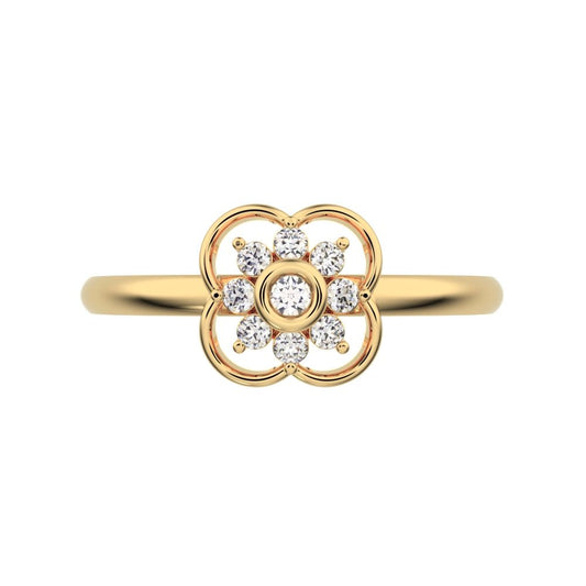 0.095 ct Round Cut Moissanite dainty Minimalist star bezel halo clover leaf halo 14K / 18K Solid Yellow Gold everyday ring