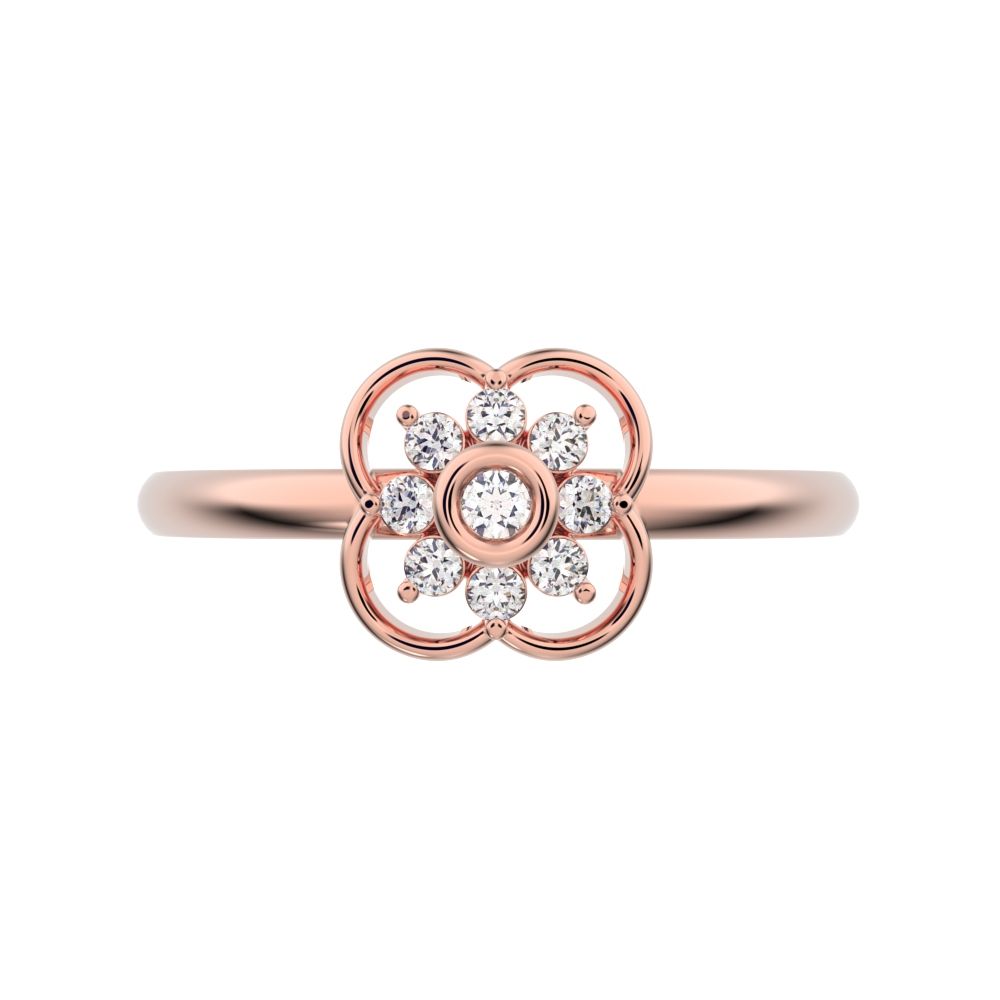 0.095 ct Round Cut Simulated Clear Diamond dainty Minimalist star bezel halo clover leaf halo 14K / 18K Solid Rose Gold everyday ring